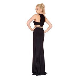 Mac Duggal Flash Prom Gown Maxi Dress Black Gold Jersey Knit Cutout 2